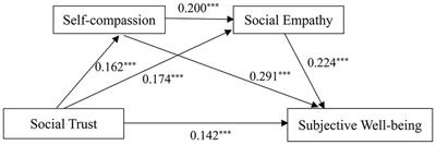 Social trust and subjective well-being of first-generation college students in China: the multiple mediation effects of self-compassion and social empathy
